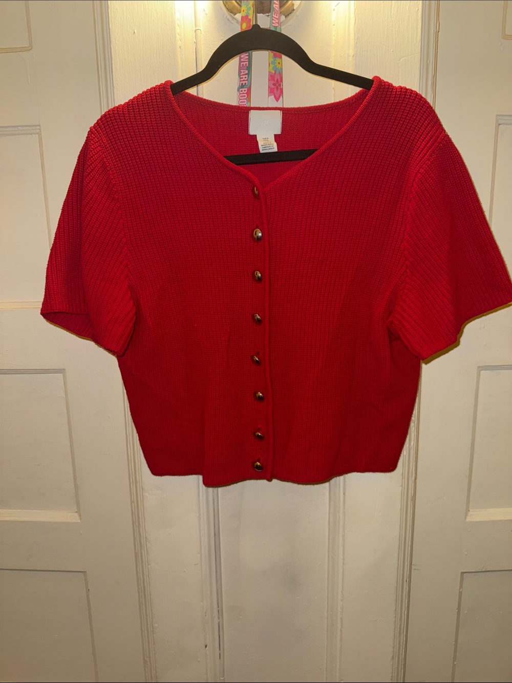 H&M Red Short-Sleeve Button Front Knit Top